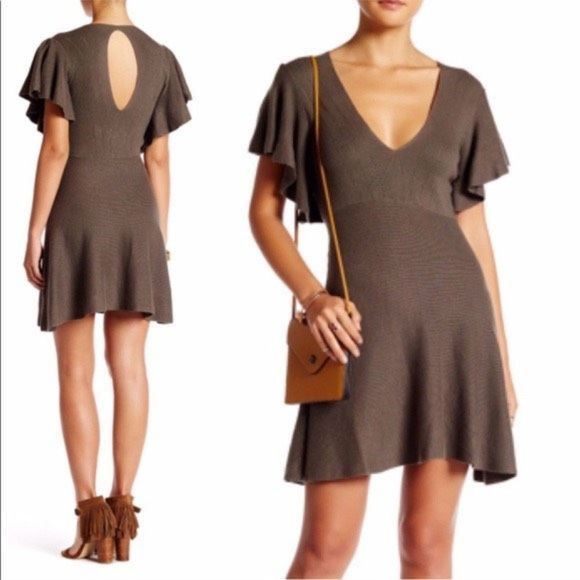 Free People Dresses & Skirts - FREE PEOPLE Cozy Nights Sweater Mini Dress with Flutter Sleeves in Dark Grey Siz